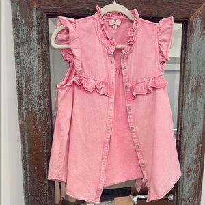 NWOT Entro Pink Ruffled Denim Sleeveless Blouse - size S